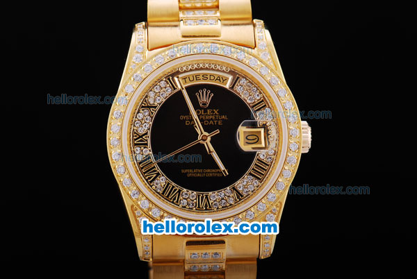 Rolex Day-Date Automatic Full Gold Black Dial with Diamond Bezel - Click Image to Close